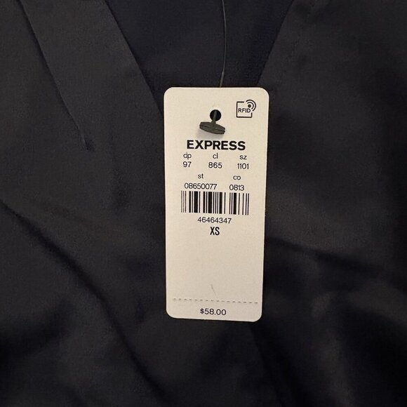 Express Women's Satin Top Size XS Navy Puff Shoulder Draped Faux Wrap NWT $58 - Picture 14 of 16